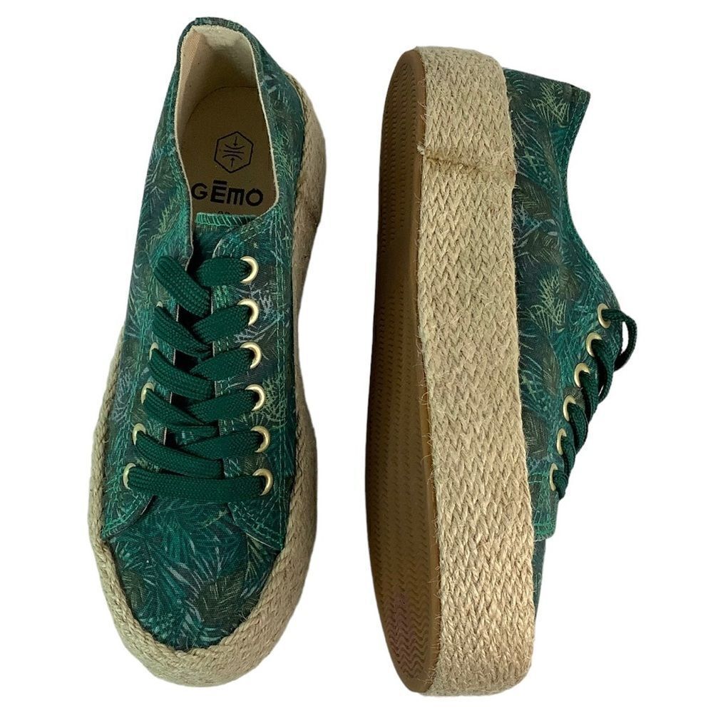 GEMO Round Toe Lace Tie Platform Green/Leafs Print Espadrilles Sz 38/US 7.5